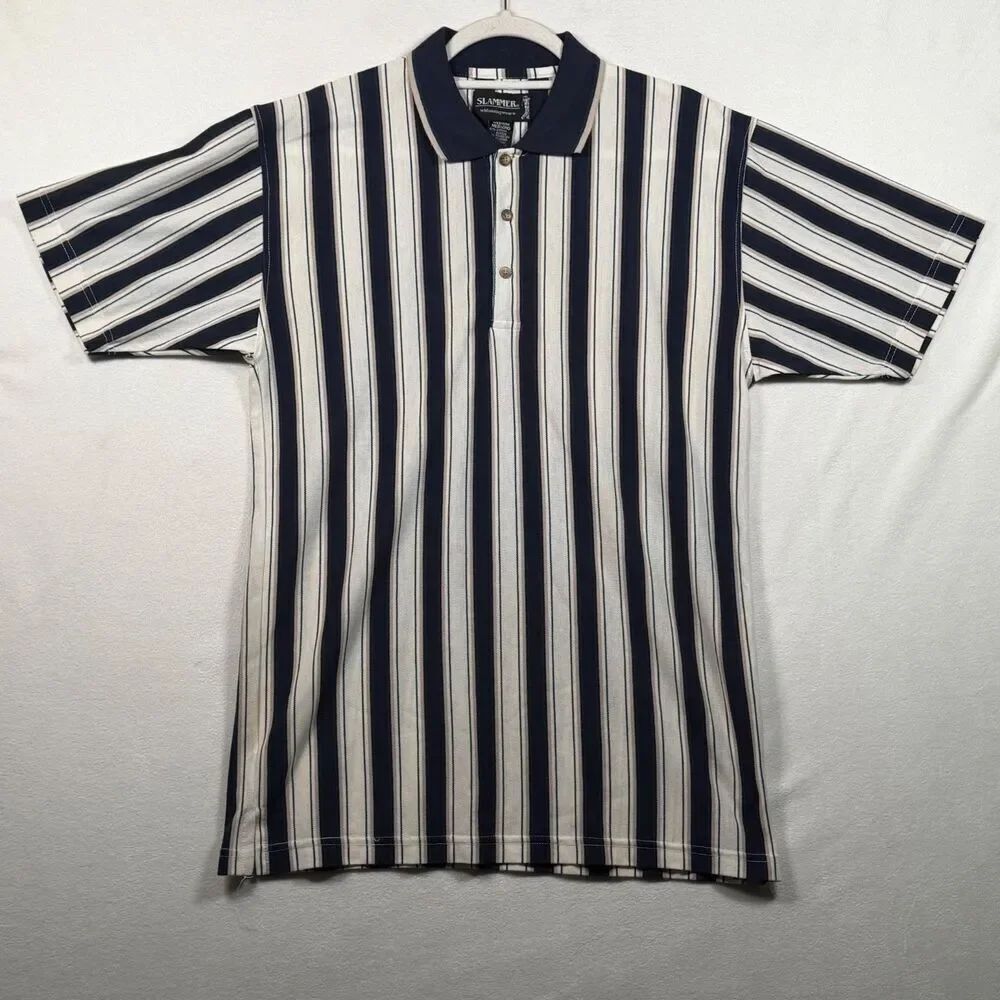 Munsingwear Slammer Striped Polo Shirt Men Medium Blue Tan Golf Classic